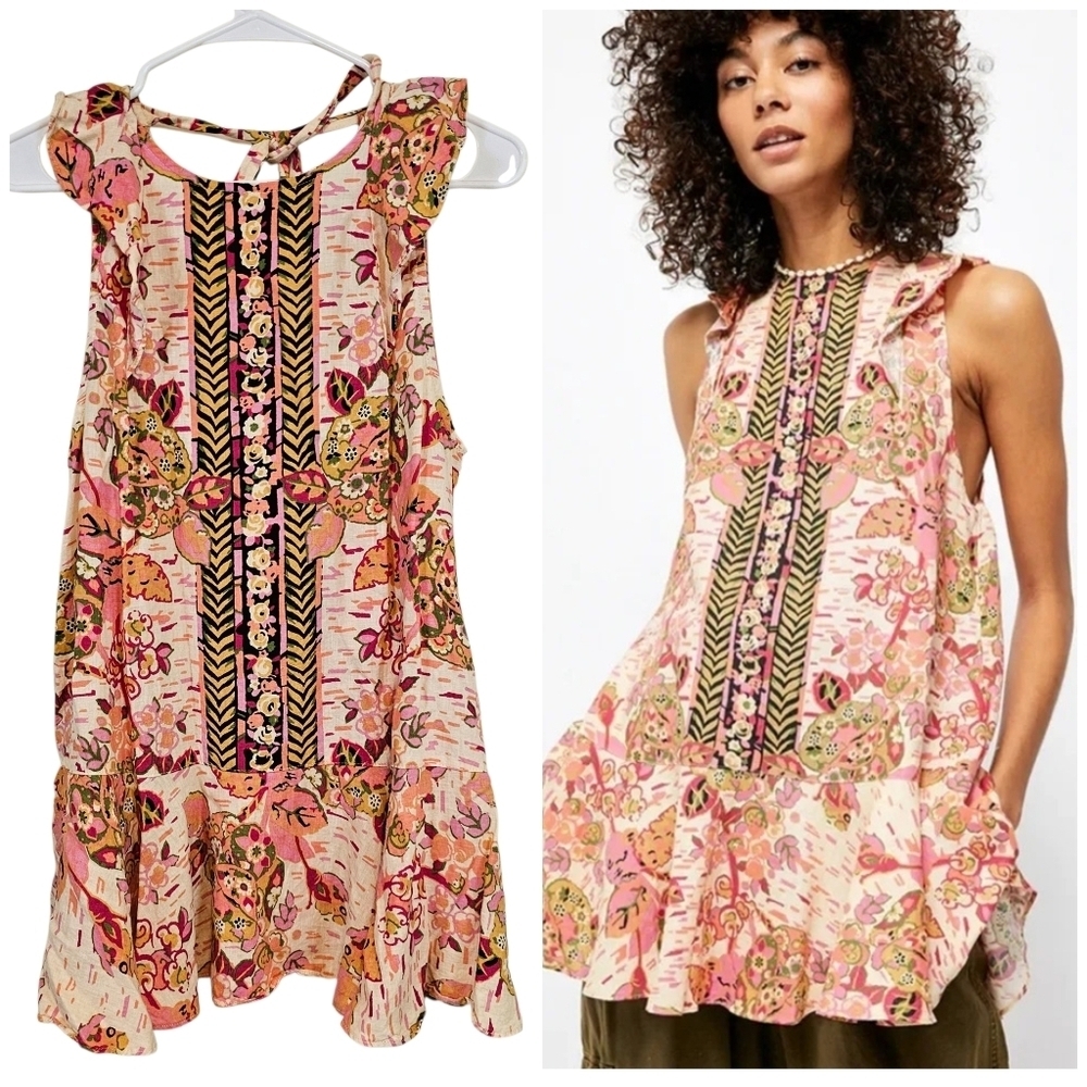 Free People Linen Blend Summer In Tulum Bohemian Open Back Ruffle Tunic Top